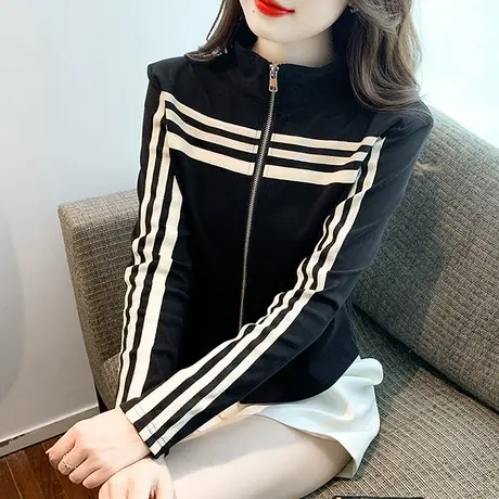 宽松休闲开衫外套女2023秋冬新款高腰短款上衣长袖时尚拉链卫衣女图片