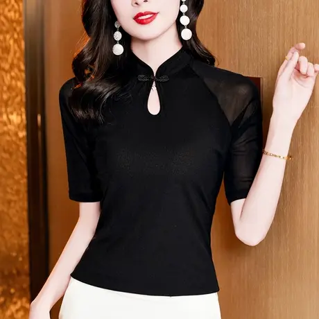 立领黑色中袖网纱t恤女2023夏季新款气质显瘦古典中式短袖薄上衣商品大图