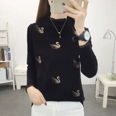 天鹅绒半高领黑色加厚套头毛衣女2021秋冬新款蕾丝针织打底衫上衣商品大图