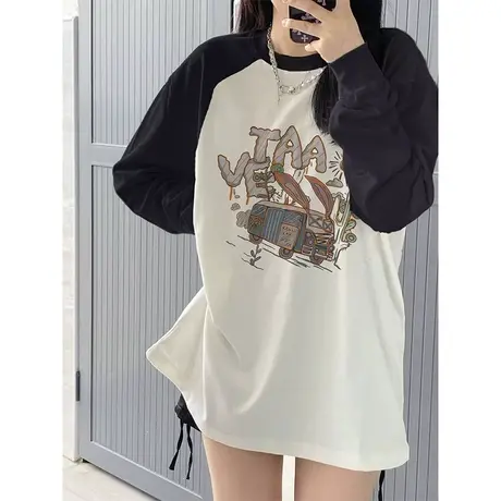 黑白撞色拼接插肩长袖t恤女秋冬2023新款宽松大版洋气纯棉上衣潮商品大图