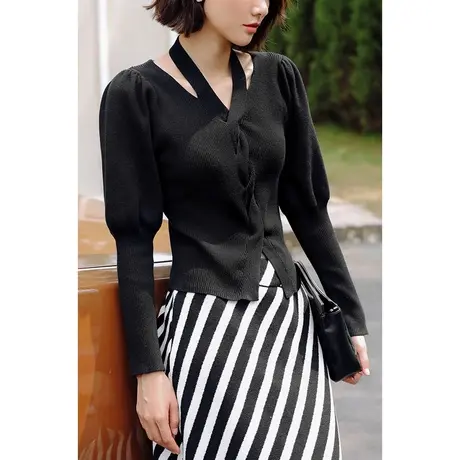 弥古黑色泡泡袖针织衫法式挂脖上衣设计感小众女春秋季毛衣打底衫商品大图