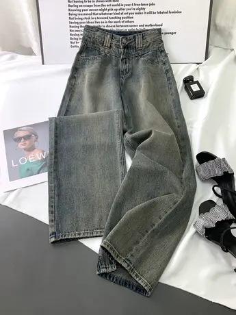 水洗磨白复古牛仔阔腿裤2023秋季新款显瘦百搭高腰裤bf宽松老爹裤图片