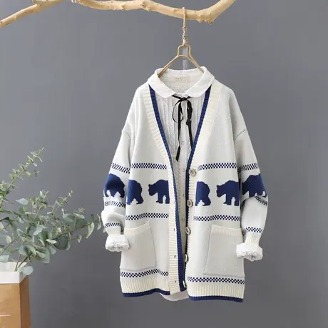 韩范慵懒风针织毛衣外套女秋冬新款宽松V领开衫上衣外搭毛针织衫图片