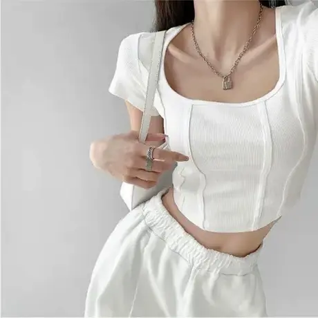 辣妹纯欲鱼骨u领正肩短袖t恤女夏季纯棉修身紧身性感露脐短款上衣商品大图