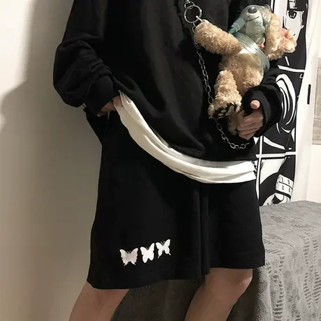 裤子女夏季韩版ins复古暗黑系蝴蝶休闲裤宽松运动裤阔腿裤短裤潮商品大图