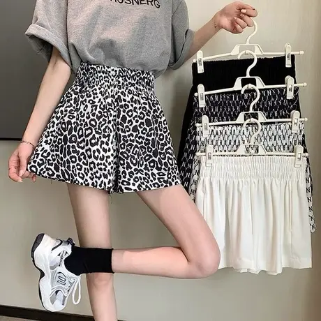 设计感豹纹短裤女装学生2023夏季薄款宽松裤子高腰a字阔腿大裤衩图片