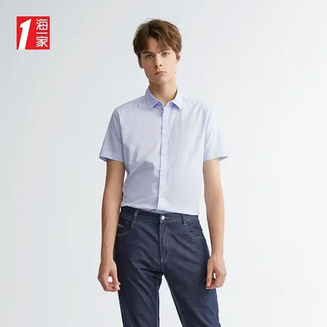 海一家简约印花短衬新款修身柔软青春时尚休闲短袖衬衫男图片