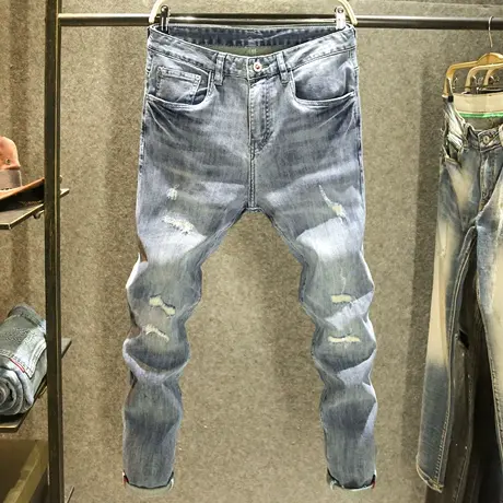 九分牛仔裤男款潮牌破洞修身小脚裤高品质水洗夏季薄款百搭裤子男商品大图