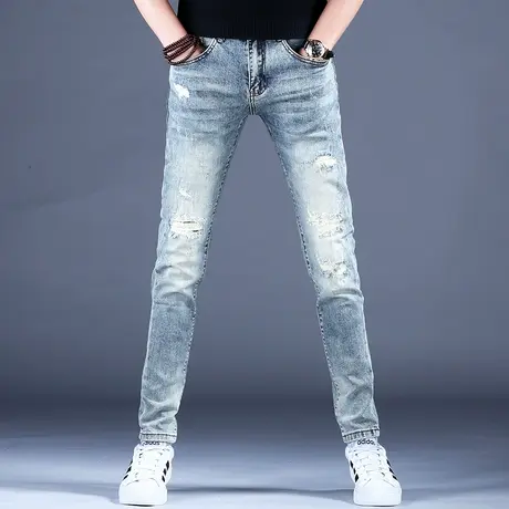 男士水洗黄泥牛仔裤男款修身小脚2023新款美式高街裤子男弹力破洞图片
