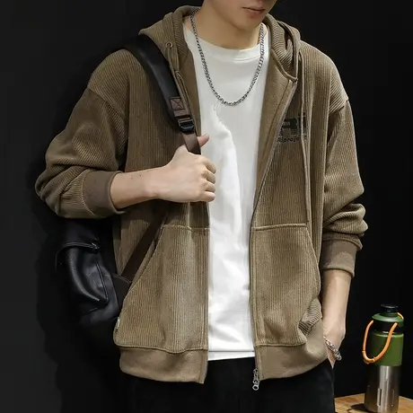 春秋拉链开衫卫衣男连帽男款潮牌大码男士秋冬运动外套竖条绒加厚图片