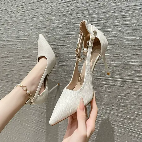 一字带珍珠水钻高跟鞋女细跟2023年夏季新款法式气质尖头中空单鞋图片