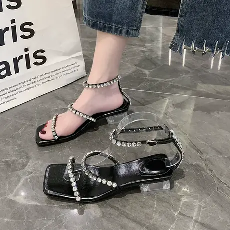 2023夏季新款一字扣带罗马风粗跟透明配裙性感女人味显气质凉鞋女图片