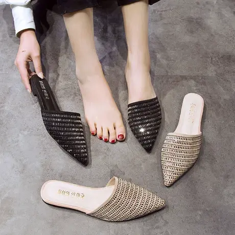 包头半拖鞋女尖头2023新款平底时尚外穿粗跟百搭网红懒人拖鞋女鞋图片