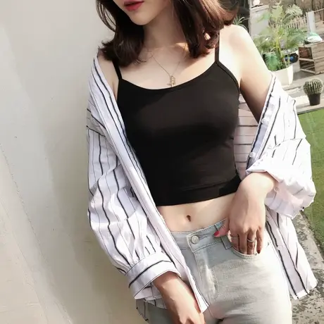 靓衣邦短款吊带背心女纯棉运动露脐小背心瑜伽内袋打底衫图片