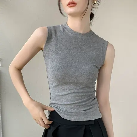 灰色背心打底衫女2025春季圆领修身无袖T恤遮副乳西装内搭上衣薄图片