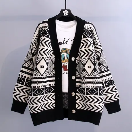 复古菱形格毛衣外套女2023年秋装新款宽松外穿加厚慵懒风针织开衫商品大图