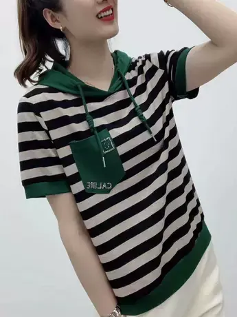 2023夏季新款时尚条纹连帽短袖T恤女韩版宽松休闲套头上衣遮肚潮商品大图