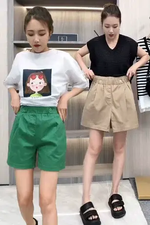 弹力松紧腰短裤女宽松2023新款夏天外穿高腰a字五分阔腿休闲中裤商品大图