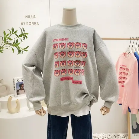 2022春季新款韩国东大门小众可爱粉红熊圆领宽松卫衣休闲慵懒大码商品大图