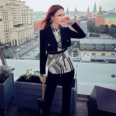 VJE早秋新款女裤套装名媛风气质时尚短款小外套显瘦直筒长裤子图片