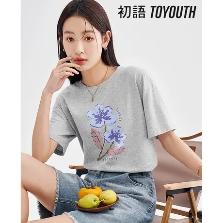 TOYOUTH初语基础款纯色T恤女2023年夏季新款美式印花纯棉百搭上衣图片