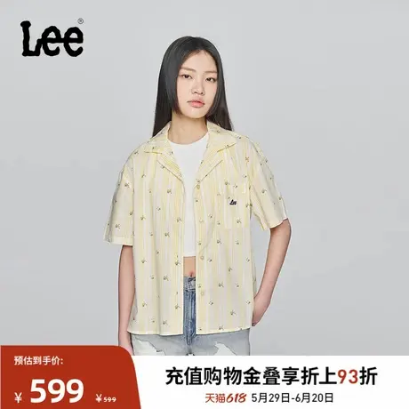 Lee商场同款25春夏新品舒适版翻领条纹花朵满印黄色女短袖衬衫潮图片