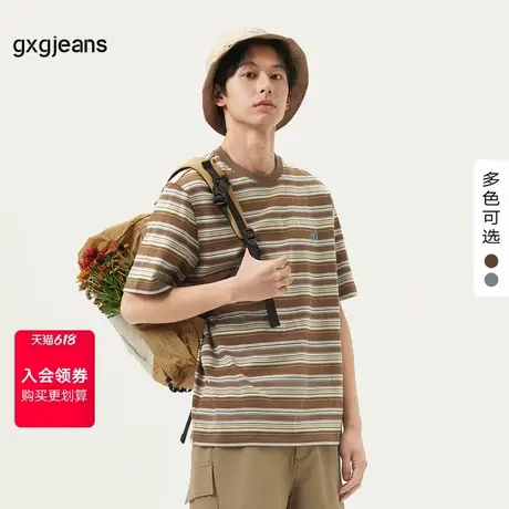 gxg.jeans男装 双色撞色条纹宽松时尚美式圆领短袖T恤男 25夏新款商品大图