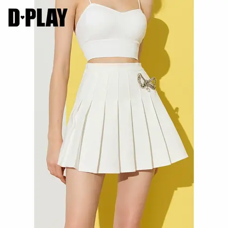DPLAY【惠品】夏新款甜酷高腰金属蝴蝶结防走光白色百褶裙图片