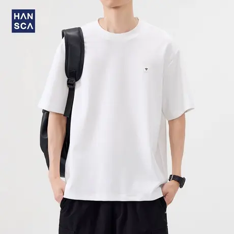 hansca 220g简约白色圆领短袖T恤男2025夏季宽松绣标百搭休闲上衣商品大图