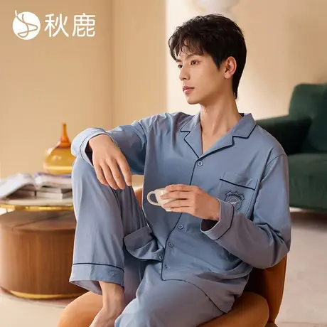 秋鹿先生【超柔软】纯棉睡衣男春秋长袖长裤格子可外穿家居服套装商品大图