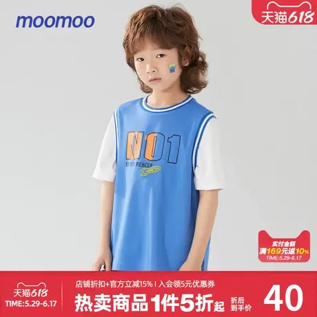 美特斯邦威童装夏短袖T恤男童圆领印花运动风假两件T恤商品大图