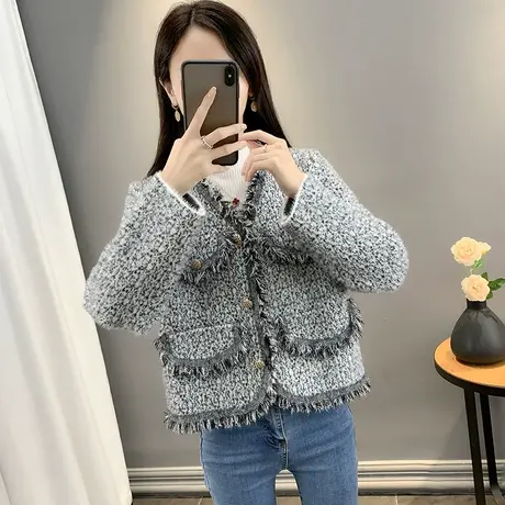 秋季女士小香风水貂绒短外套女早秋2023年新款毛衣针织开衫春秋装图片