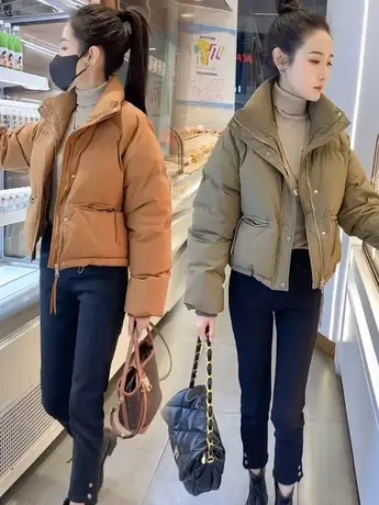 2023年新款冬季女士羽绒服小个子短款白鸭绒纯色立领面包服外套潮图片