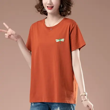 短袖t恤女纯棉夏季加肥加大码女装宽松中年妈妈百搭全棉显瘦体恤商品大图