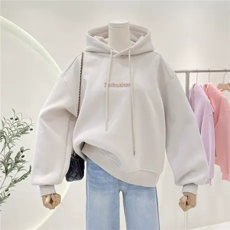 字母连帽加绒卫衣女秋冬百搭加厚小个子宽松慵懒风套头上衣外套商品大图