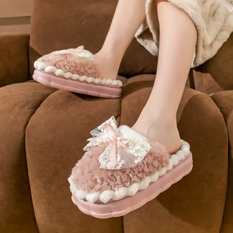 蝴蝶结棉拖鞋女秋冬季室内踩屎感2023新款厚底保暖防滑毛拖鞋冬天商品大图