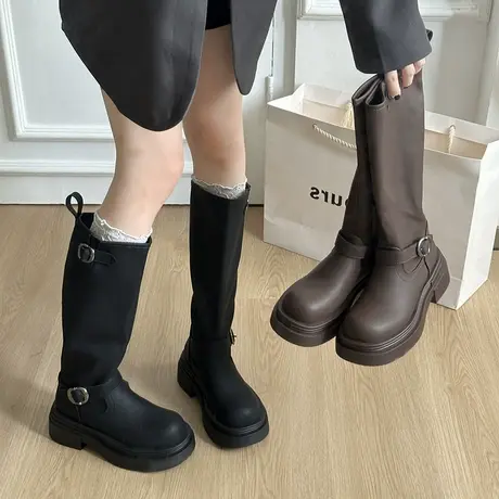 时尚气质靴子女2025秋季新款百搭不过膝长筒靴厚底高筒骑士瘦瘦靴商品大图