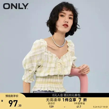 ONLY奥莱夏季法式复古方领格子短袖短款收腰衬衫女商品大图