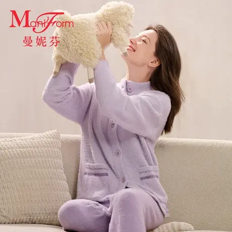 曼妮芬女生舒适圆领开襟长袖长裤套装家居服女士起居服20320661商品大图