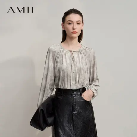 Amii25秋国风水墨印花领口优雅系带宽松衬衣衬衫女商品大图