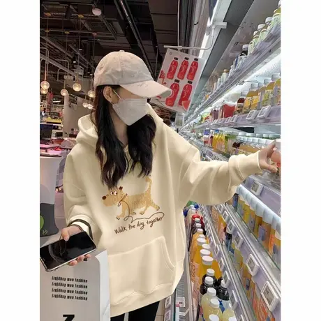 杏色涂鸦小狗连帽卫衣女款2025新款秋季加绒长袖帽衫卡通上衣外套商品大图