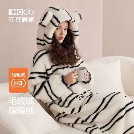 红豆居家女士珊瑚绒睡袍可爱连帽少女风可外穿家居服睡裙长款冬季商品大图