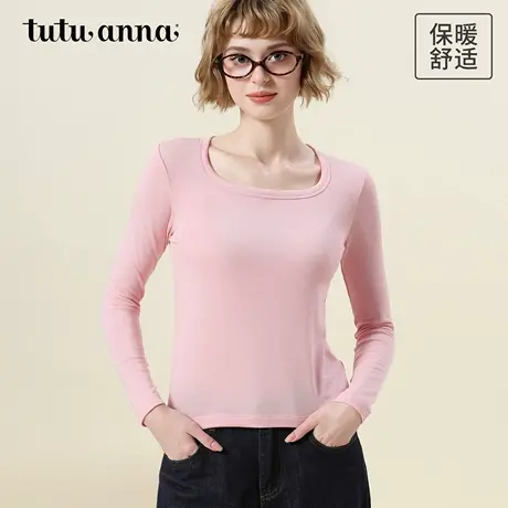 tutuanna秋冬保暖衣女 兰精天丝羊毛素色方领套头长袖百搭打底衣商品大图