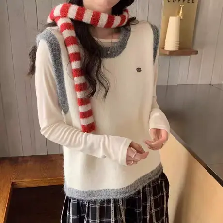学院风针织马甲女2025秋季新款宽松圆领叠穿无袖毛衣背心坎肩外穿商品大图