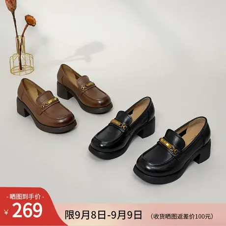 沙驰女鞋中跟粗跟软底乐福鞋2025年秋冬新款金属扣深口单鞋妈妈鞋图片
