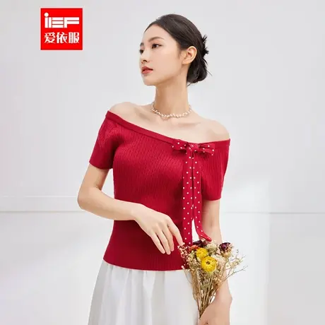 IEF/爱依服2025夏季新款法式甜美温柔小女人修身一字肩毛织上衣商品大图