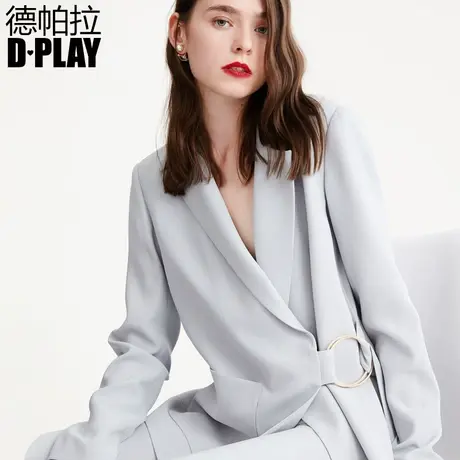 DPLAY德帕拉春款欧美灰蓝色斜搭大圆环系带简约干练西装外套商品大图