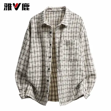 雅鹿2026春季新款宽松开衫男翻领长袖格子衬衫男士舒适港风衬衣图片