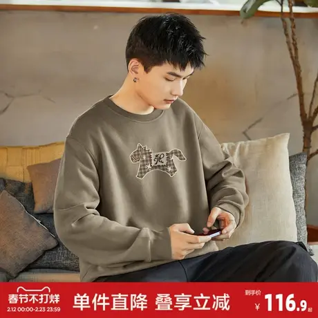 唐狮2026春季新款圆领卫衣男格纹小马印花设计米咖色套头春秋男装商品大图
