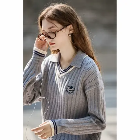 唐狮秋冬新款毛衣女POLO学院风领撞色间条秋季流行穿搭毛线衫TD图片